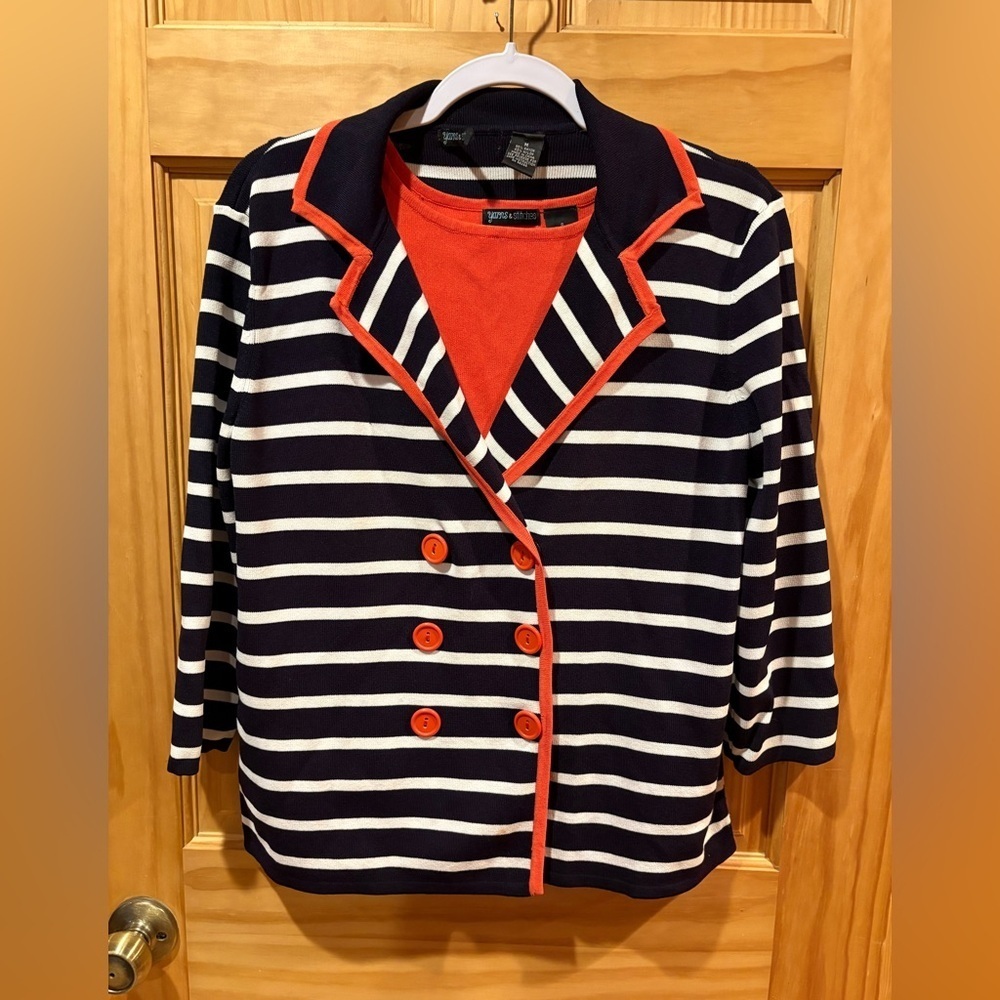 Yarns & Stitches Navy and Orange Striped Women's Cardigan& sleeveless top set